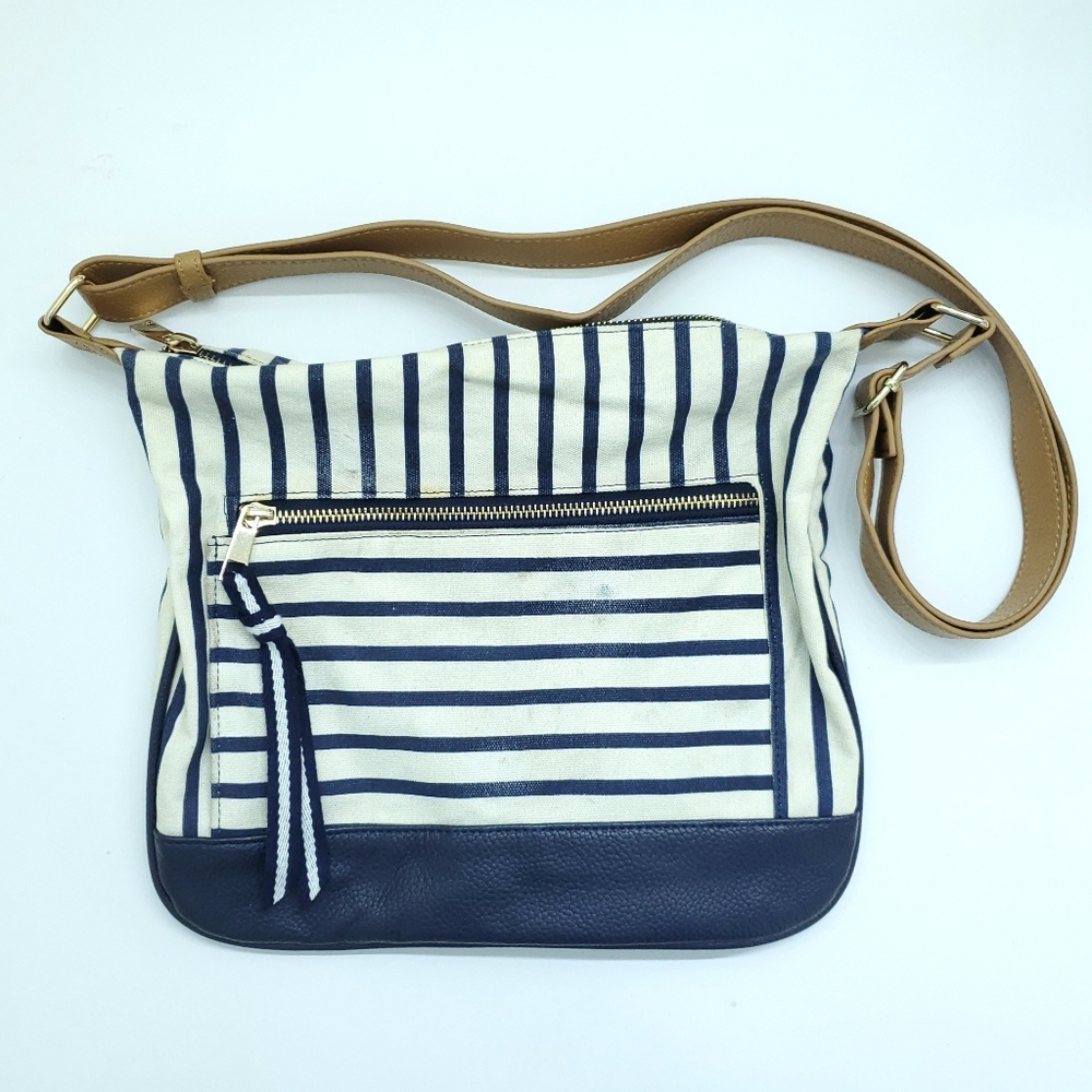 A New Day Navy Striped Canvas Messenger Bag 12”x11” - Picture 1 of 5
